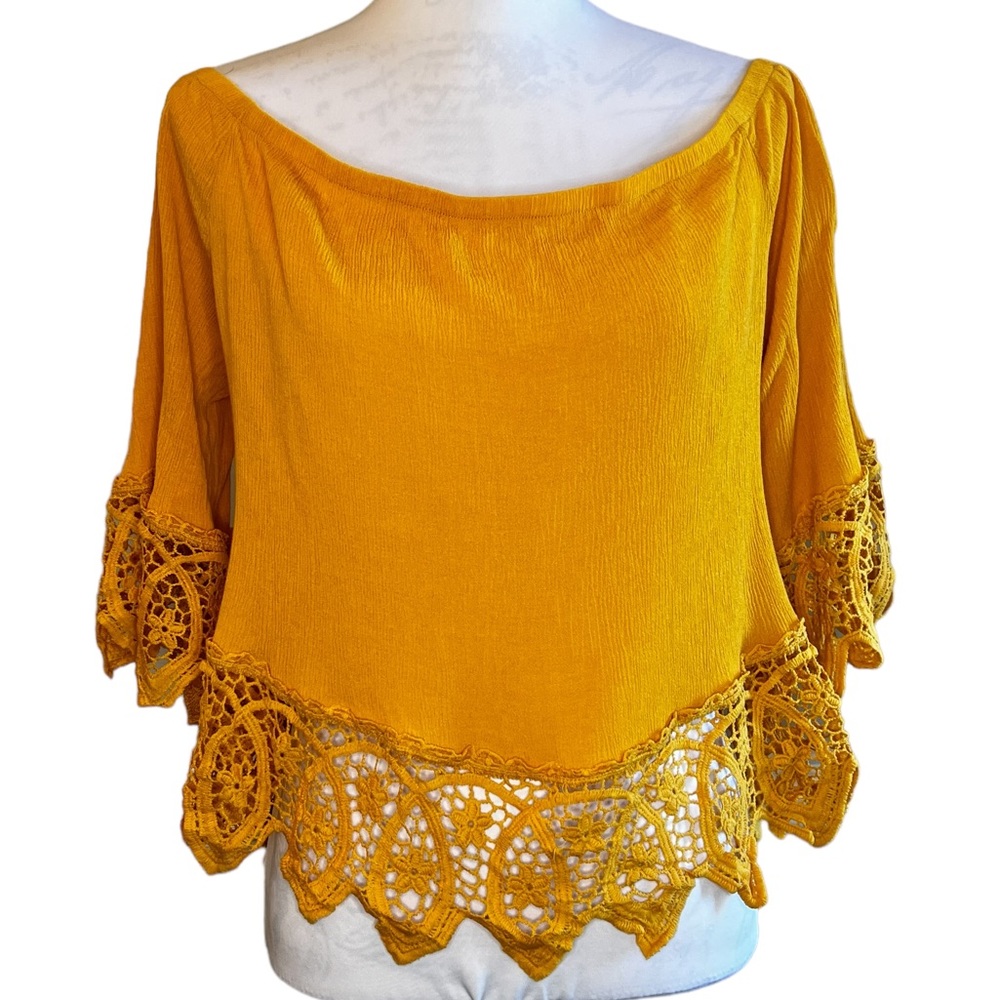 Crazy Horse Plus Size Mustard Goldenrod Yellow Off Shoulders Crop Top‎ Lace Trim